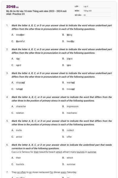 Bộ đề ôn thi vào 10 môn Tiếng anh năm 2023 - 2024 mới nhất- Practice 23