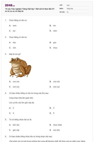10 câu Trắc nghiệm Tiếng Việt lớp 1 Kết nối tri thức Bài 47: oc ôc uc ưc có đáp án