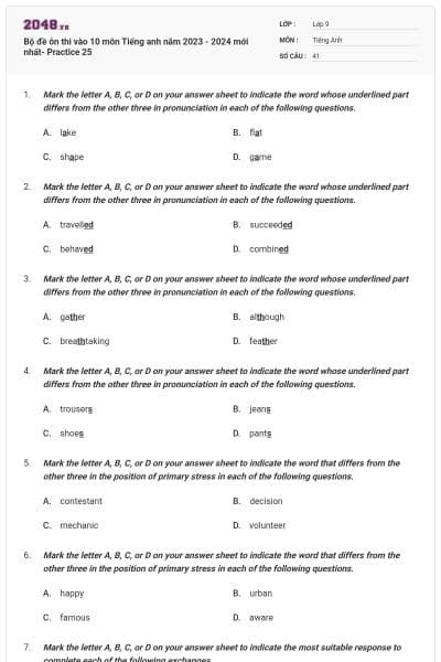 Bộ đề ôn thi vào 10 môn Tiếng anh năm 2023 - 2024 mới nhất- Practice 25