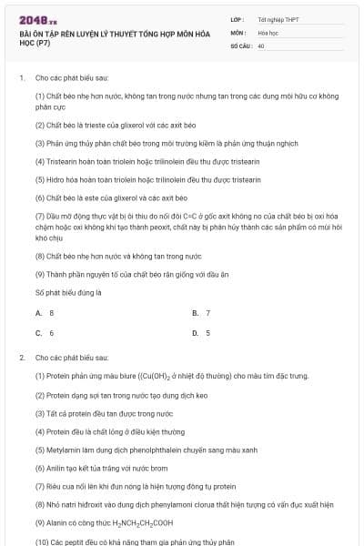 BÀI ÔN TẬP RÈN LUYỆN LÝ THUYẾT TỔNG HỢP MÔN HÓA HỌC (P7)