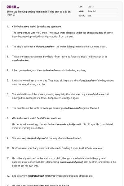 Bộ ôn tập Từ cùng trường nghĩa môn Tiếng anh có đáp án (Part 2)