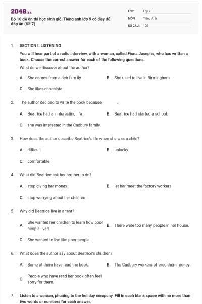 Bộ 10 đề ôn thi học sinh giỏi Tiếng anh lớp 9 có đầy đủ đáp án (Đề 7)