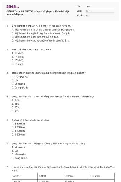 Giải SBT Địa lí 8 KNTT Vị trí địa lí và phạm vi lãnh thổ Việt Nam có đáp án
