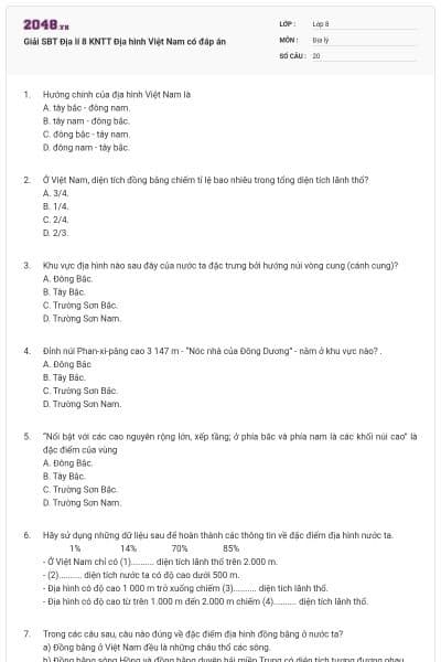 Giải SBT Địa lí 8 KNTT Địa hình Việt Nam có đáp án