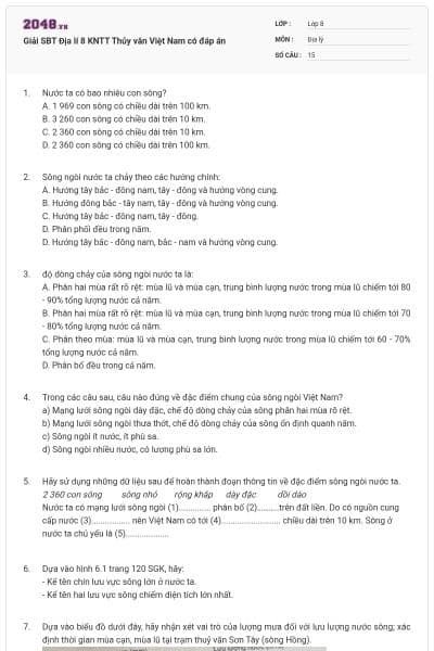 Giải SBT Địa lí 8 KNTT Thủy văn Việt Nam có đáp án