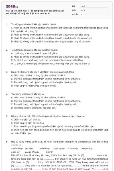Giải SBT Địa lí 8 KNTT Tác động của biến đổi khí hậu  Đối với khí hậu và thuỷ văn Việt Nam có đáp án