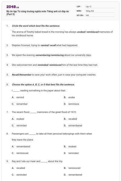 Bộ ôn tập Từ cùng trường nghĩa môn Tiếng anh có đáp án (Part 5)