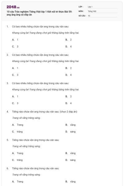 10 câu Trắc nghiệm Tiếng Việt lớp 1 Kết nối tri thức Bài 59: ang ăng âng có đáp án