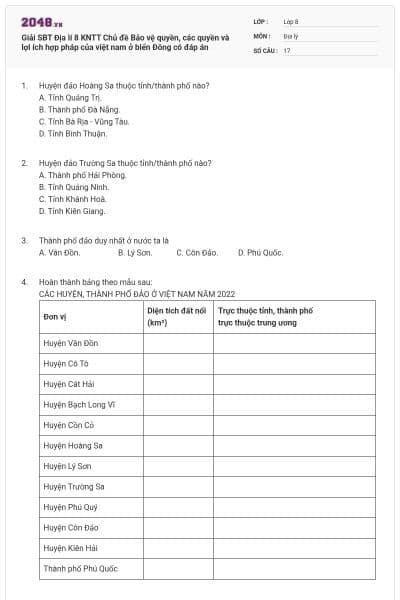 Giải SBT Địa lí 8 KNTT Chủ đề Bảo vệ quyền, các quyền và lợi ích hợp pháp của việt nam ở biển Đông có đáp án