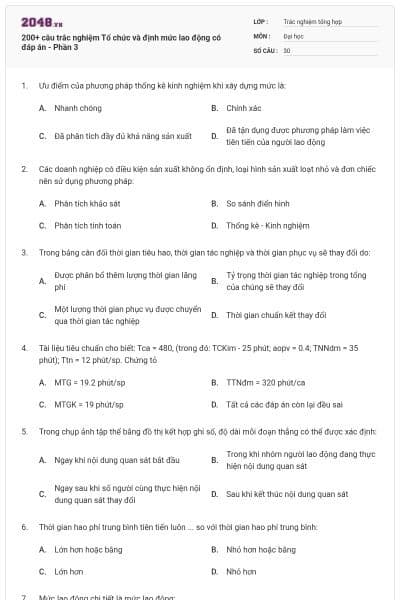 200+ câu trắc nghiệm Tổ chức và định mức lao động có đáp án - Phần 3