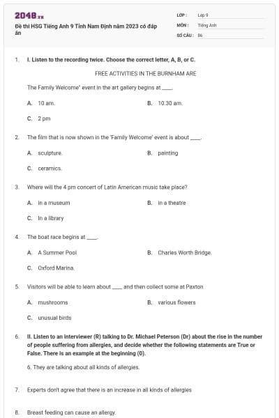 Đề thi HSG Tiếng Anh 9 Tỉnh Nam Định năm 2023 có đáp án
