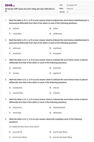 Đề thi thử THPT Quốc Gia môn Tiếng anh năm 2020 (Đề số 3)