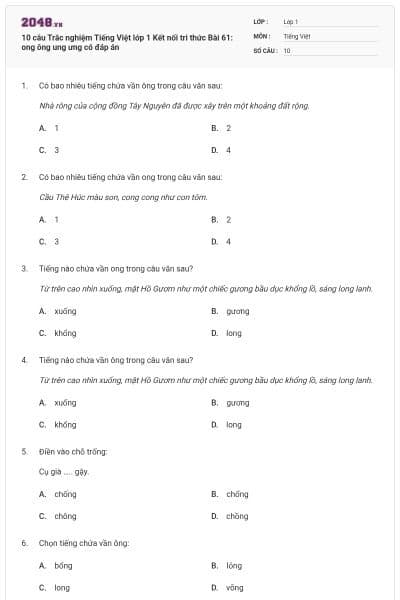 10 câu Trắc nghiệm Tiếng Việt lớp 1 Kết nối tri thức Bài 61: ong ông ung ưng có đáp án