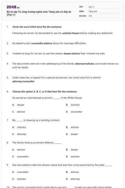 Bộ ôn tập Từ cùng trường nghĩa môn Tiếng anh có đáp án (Part 7)