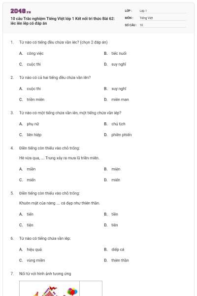 10 câu Trắc nghiệm Tiếng Việt lớp 1 Kết nối tri thức Bài 62: iêc iên iêp có đáp án