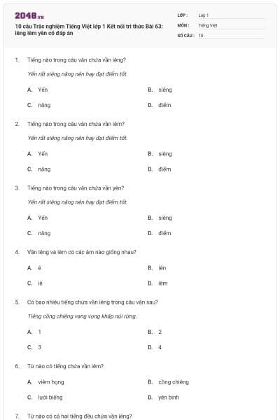 10 câu Trắc nghiệm Tiếng Việt lớp 1 Kết nối tri thức Bài 63: iêng iêm yên có đáp án