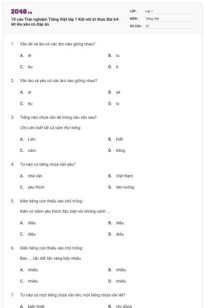 10 câu Trắc nghiệm Tiếng Việt lớp 1 Kết nối tri thức Bài 64: iêt iêu yêu có đáp án