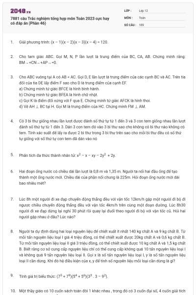 7881 câu  Trắc nghiệm tổng hợp môn Toán 2023 cực hay có đáp án (Phần 46)