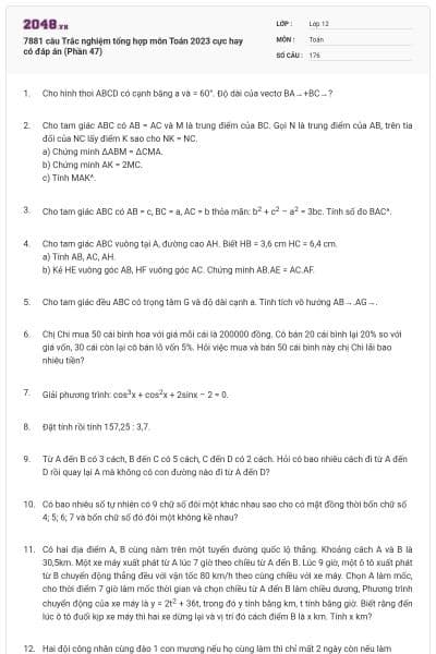 7881 câu  Trắc nghiệm tổng hợp môn Toán 2023 cực hay có đáp án (Phần 47)