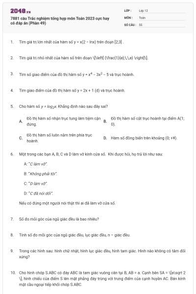 7881 câu  Trắc nghiệm tổng hợp môn Toán 2023 cực hay có đáp án (Phần 49)