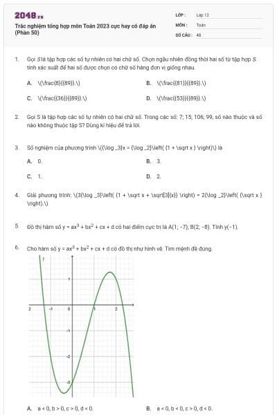 Trắc nghiệm tổng hợp môn Toán 2023 cực hay có đáp án (Phần 50)