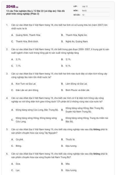 12 câu Trắc nghiệm Địa Lí 12 Bài 22 (có đáp án): Vấn đề phát triển nông nghiệp (Phần 3)