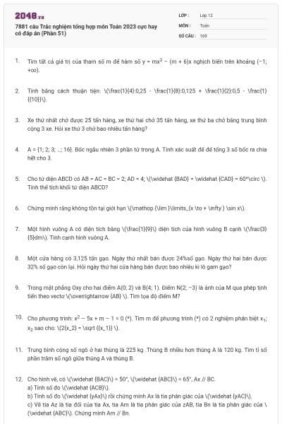 7881 câu  Trắc nghiệm tổng hợp môn Toán 2023 cực hay có đáp án (Phần 51)