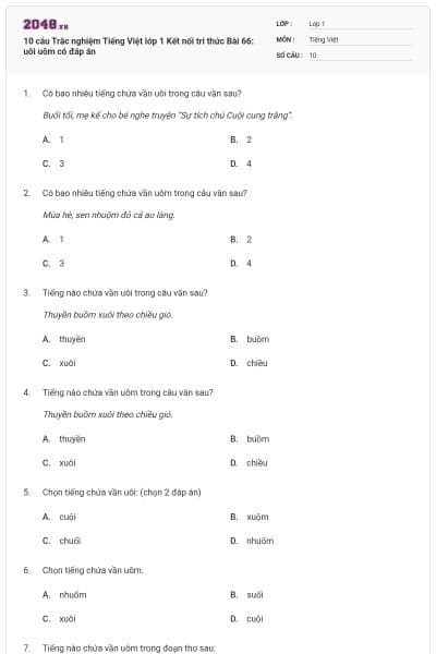 10 câu Trắc nghiệm Tiếng Việt lớp 1 Kết nối tri thức Bài 66: uôi uôm có đáp án