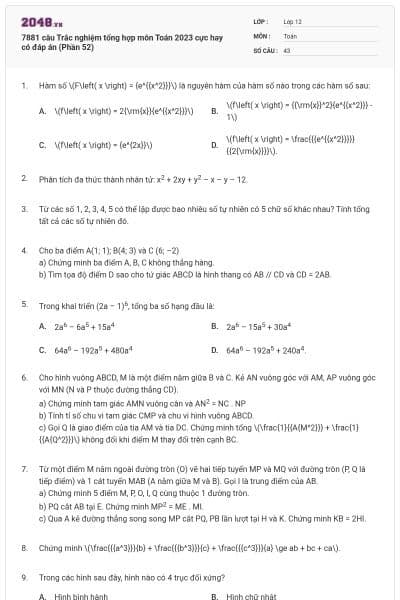 7881 câu Trắc nghiệm tổng hợp môn Toán 2023 cực hay có đáp án (Phần 52)