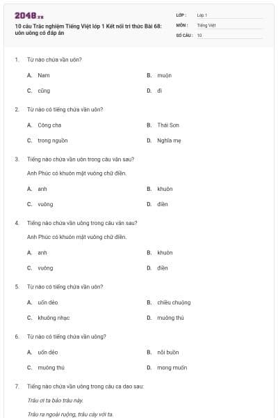 10 câu Trắc nghiệm Tiếng Việt lớp 1 Kết nối tri thức Bài 68: uôn uông có đáp án