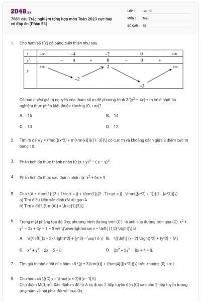 7881 câu Trắc nghiệm tổng hợp môn Toán 2023 cực hay có đáp án (Phần 54)
