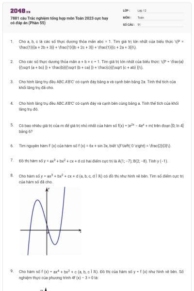 7881 câu  Trắc nghiệm tổng hợp môn Toán 2023 cực hay có đáp án (Phần 55)