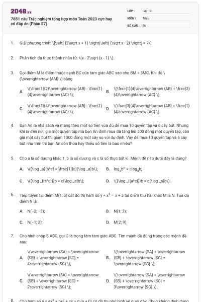 7881 câu  Trắc nghiệm tổng hợp môn Toán 2023 cực hay có đáp án (Phần 57)