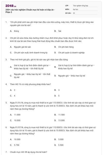 200+ câu trắc nghiệm Chuẩn mực kế toán có đáp án - Phần 3