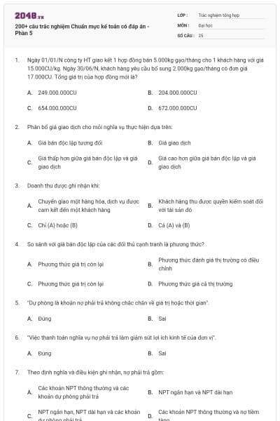 200+ câu trắc nghiệm Chuẩn mực kế toán có đáp án - Phần 5
