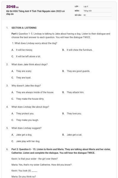 Đề thi HSG Tiếng Anh 9 Tỉnh Thái Nguyên năm 2023 có đáp án