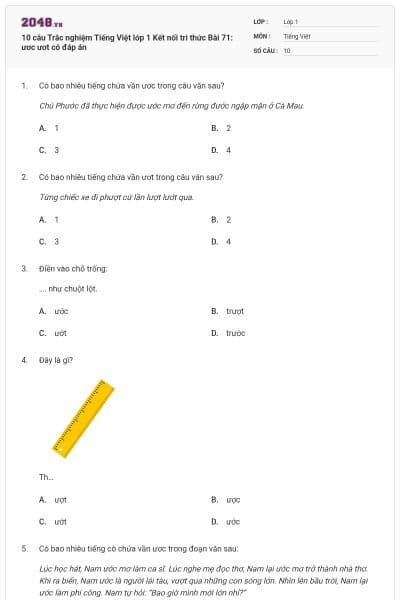 10 câu Trắc nghiệm Tiếng Việt lớp 1 Kết nối tri thức Bài 71: ươc ươt có đáp án