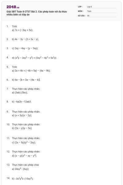 Giải SBT Toán 8 CTST Bài 2. Các phép toán với đa thức nhiều biến có đáp án