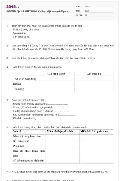 Giải VTH Địa lí 8 KNTT Bài 4: Khí hậu Việt Nam có đáp án