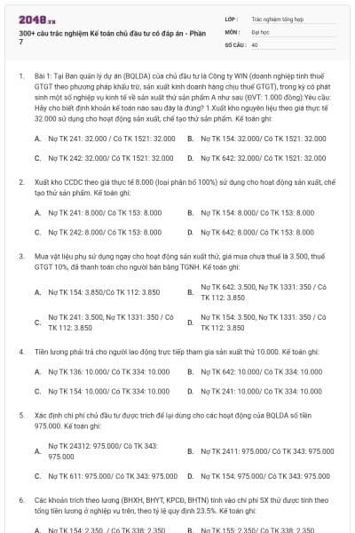 300+ câu trắc nghiệm Kế toán chủ đầu tư có đáp án - Phần 7