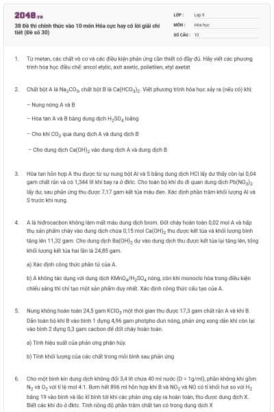 38 Đề thi chính thức vào 10 môn Hóa cực hay có lời giải chi tiết (Đề số 30)