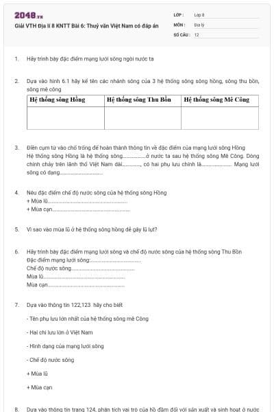 Giải VTH Địa lí 8 KNTT Bài 6: Thuỷ văn Việt Nam có đáp án