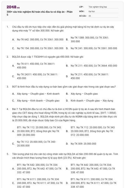 300+ câu trắc nghiệm Kế toán chủ đầu tư có đáp án - Phần 5