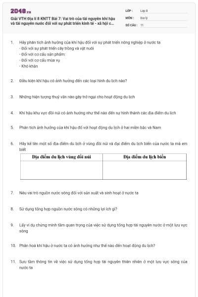 Giải VTH Địa lí 8 KNTT Bài 7: Vai trò của tài nguyên khí hậu và tài nguyên nước đối với sự phát triển kinh tế - xã hội của nước ta có đáp án