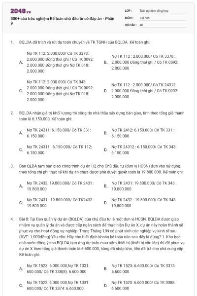 300+ câu trắc nghiệm Kế toán chủ đầu tư có đáp án - Phần 9