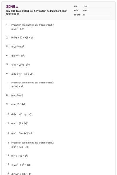 Giải SBT Toán 8 CTST Bài 4. Phân tích đa thức thành nhân tử có đáp án
