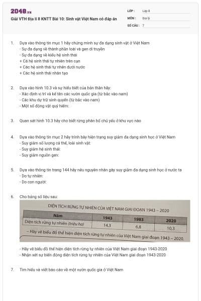 Giải VTH Địa lí 8 KNTT Bài 10: Sinh vật Việt Nam có đáp án
