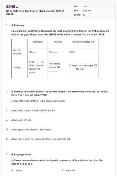 Đề thi HSG Tiếng Anh 9 Huyện Phú Xuyên năm 2023 có đáp án