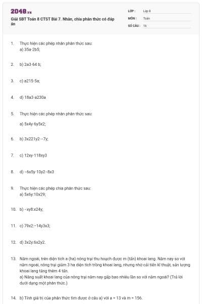 Giải SBT Toán 8 CTST Bài 7. Nhân, chia phân thức có đáp án