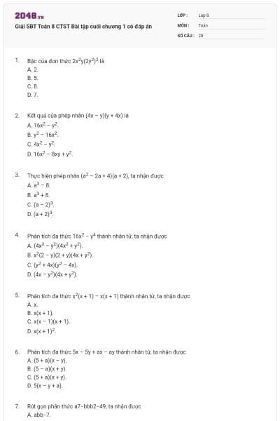 Giải SBT Toán 8 CTST Bài tập cuối chương 1 có đáp án